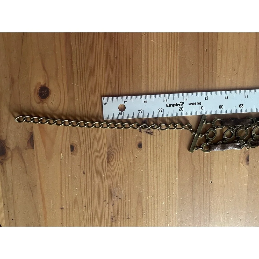 Vintage Brass & Brown Leather Chain Belt Adjustable Boho Hippie Festival 38